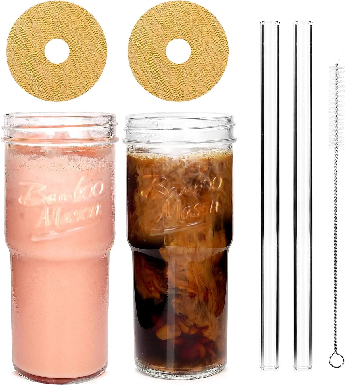 ANOTION 24oz Glass Cups with bamboo Lids and Straws 2 Packs, Travel Coffee Mug Wide Mouth Mason Jar Clear Cute Water Drinking Jars Glasses  Drinkware Bottles Set Tumbler