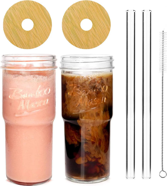 ANOTION 24oz Glass Cups with bamboo Lids and Straws 2 Packs, Travel Coffee Mug Wide Mouth Mason Jar Clear Cute Water Drinking Jars Glasses  Drinkware Bottles Set Tumbler