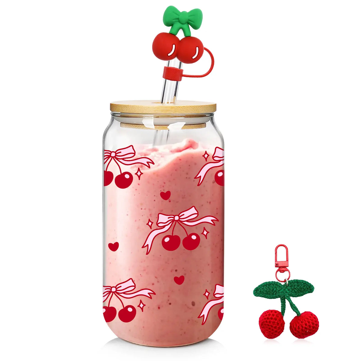 Summervibes 20oz Cherry Print Glass Tumblers with Bamboo Lids & Straws, Cute Drinking Glasses for Women, Reusable, pink bow