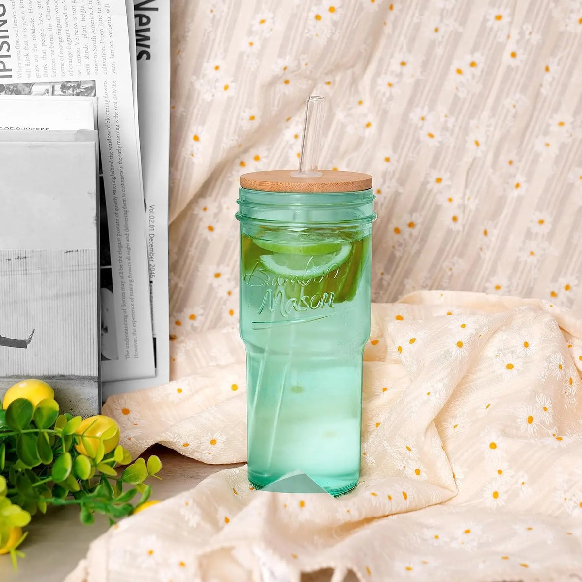 ANOTION 24oz Glass Cups with bamboo Lids and Straws 2 Packs, Travel Coffee Mug Wide Mouth Mason Jar Clear Cute Water Drinking Jars Glasses  Drinkware Bottles Set Tumbler