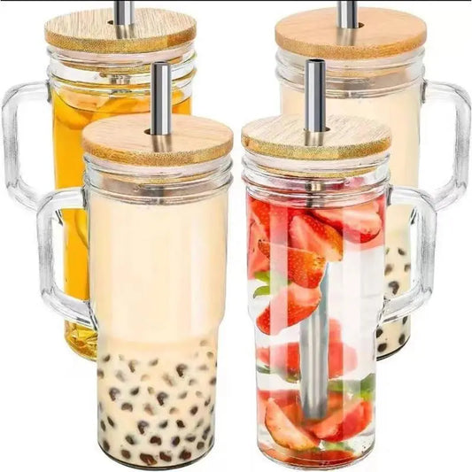 4pcs 24oz Non-Striped Glass Cups with Bamboo Lids, Straws, Glass Body & Handle Grip - Portable Classic Cold Beverage Tumbler, Reusable On-The-Go Kitchen Drinkware, Perfect for Gifts