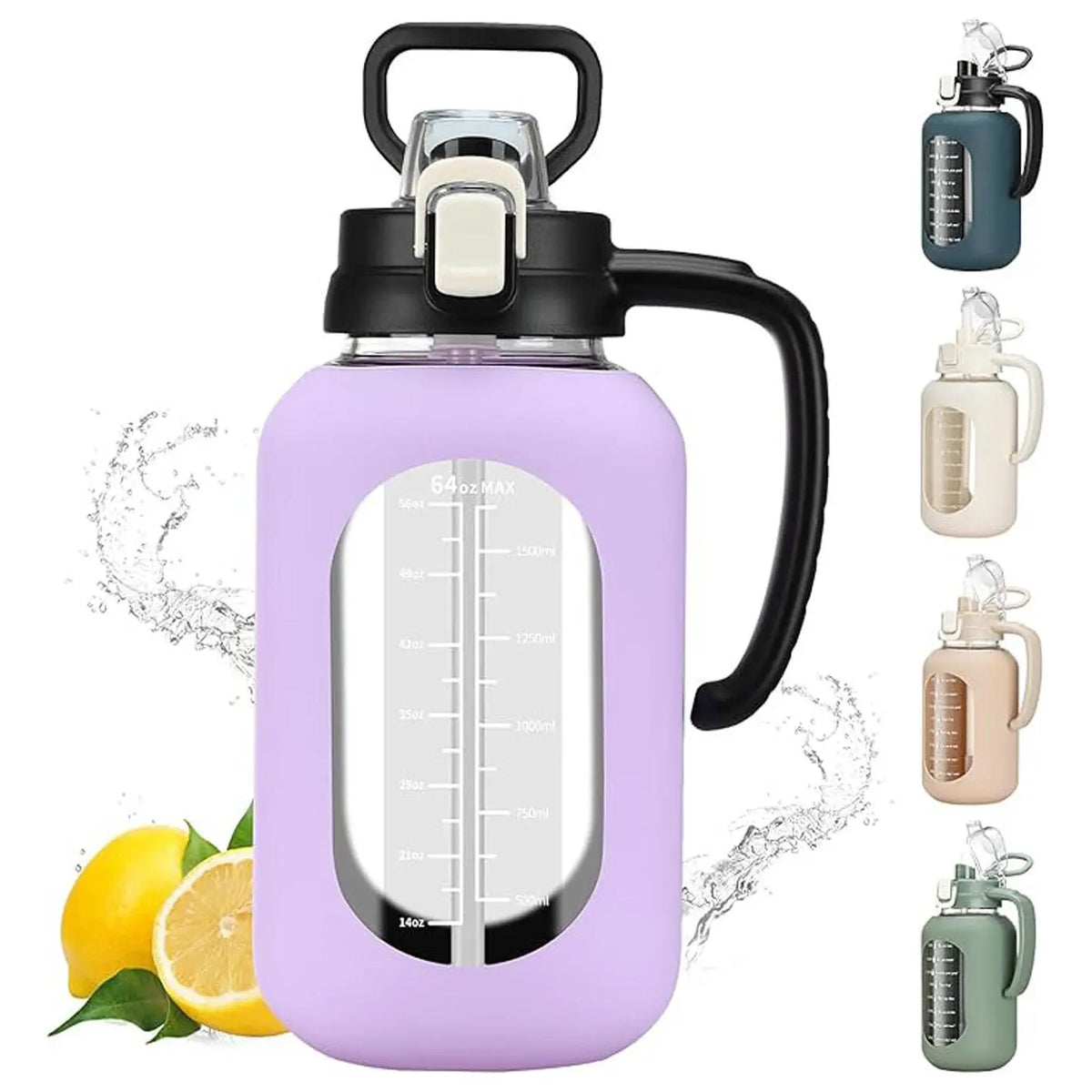 WINSA 64oz Leakproof Glass Water Bottle with Lid, Handle Grip, Time Markers, Silicone Sleeve for Gym Hiking, Coffee, Juice