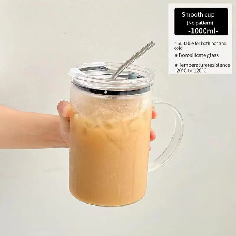 1000ml Large Capacity Glass Water Cup with Straw, Brush & Lid, 1-Count Drinking Tumbler for Home, Outdoor & Travel, Clear Drinkware