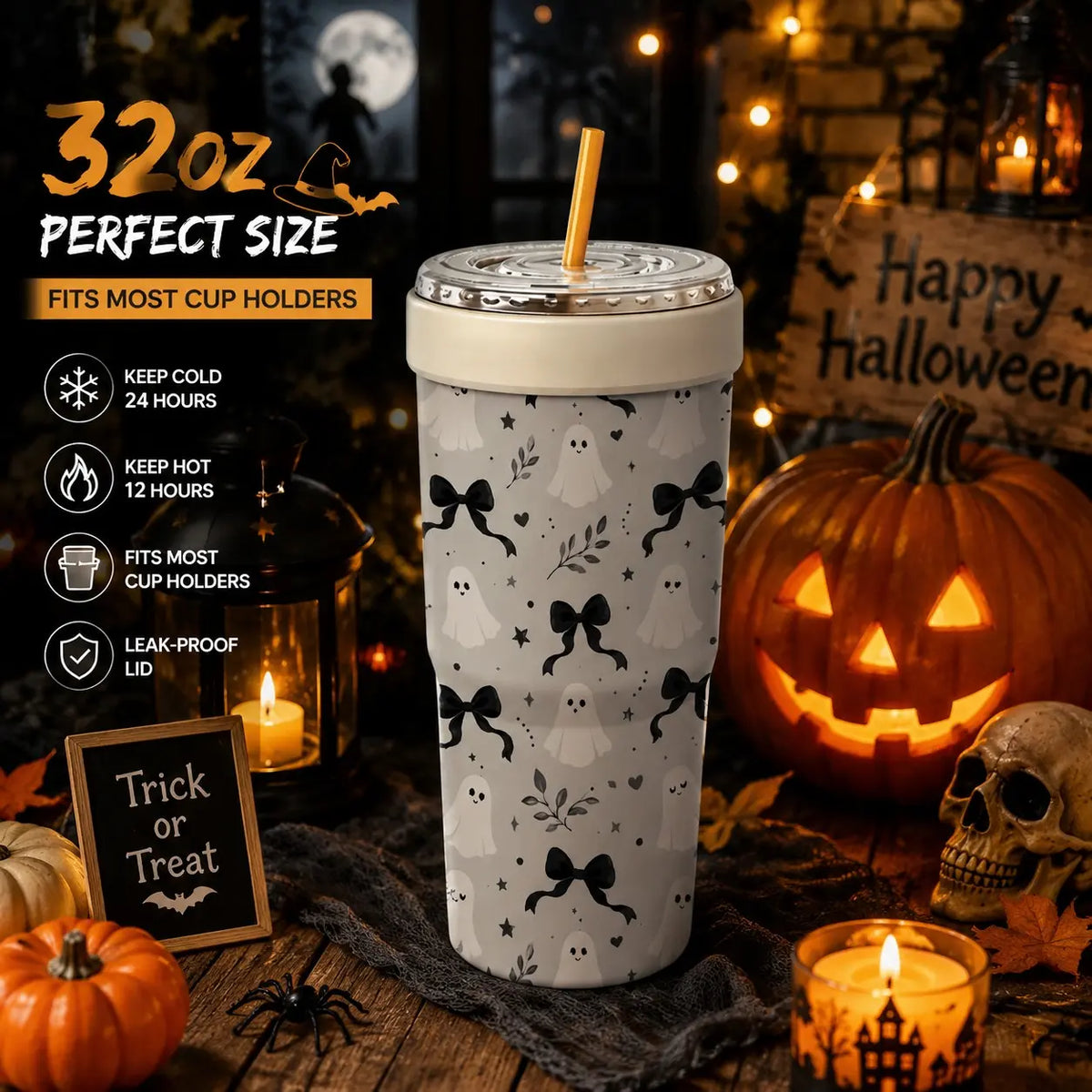 1 PC Halloween Ghost & Black Cat Print 2-in-1 Insulated Can Cooler, Includes Tumbler Lid, Converts to Travel Tumbler, Double Wall Vacuum Stainless Steel Flask, Fits Most 16-24oz To-Go Coffee & Bubble Tea Cups, Perfect for Halloween, Christmas & Daily Use