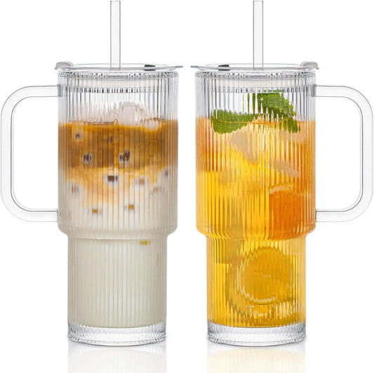 DWTS DANWEITESI 16.9oz Round Ribbed Glass Tumbler Set of 2 - Portable, Leakproof, Reusable, Washable with Handle, Lid, Straw - Vintage Outdoor Drinkware for Cocktails, Coffee (Deodorant Feature Included)