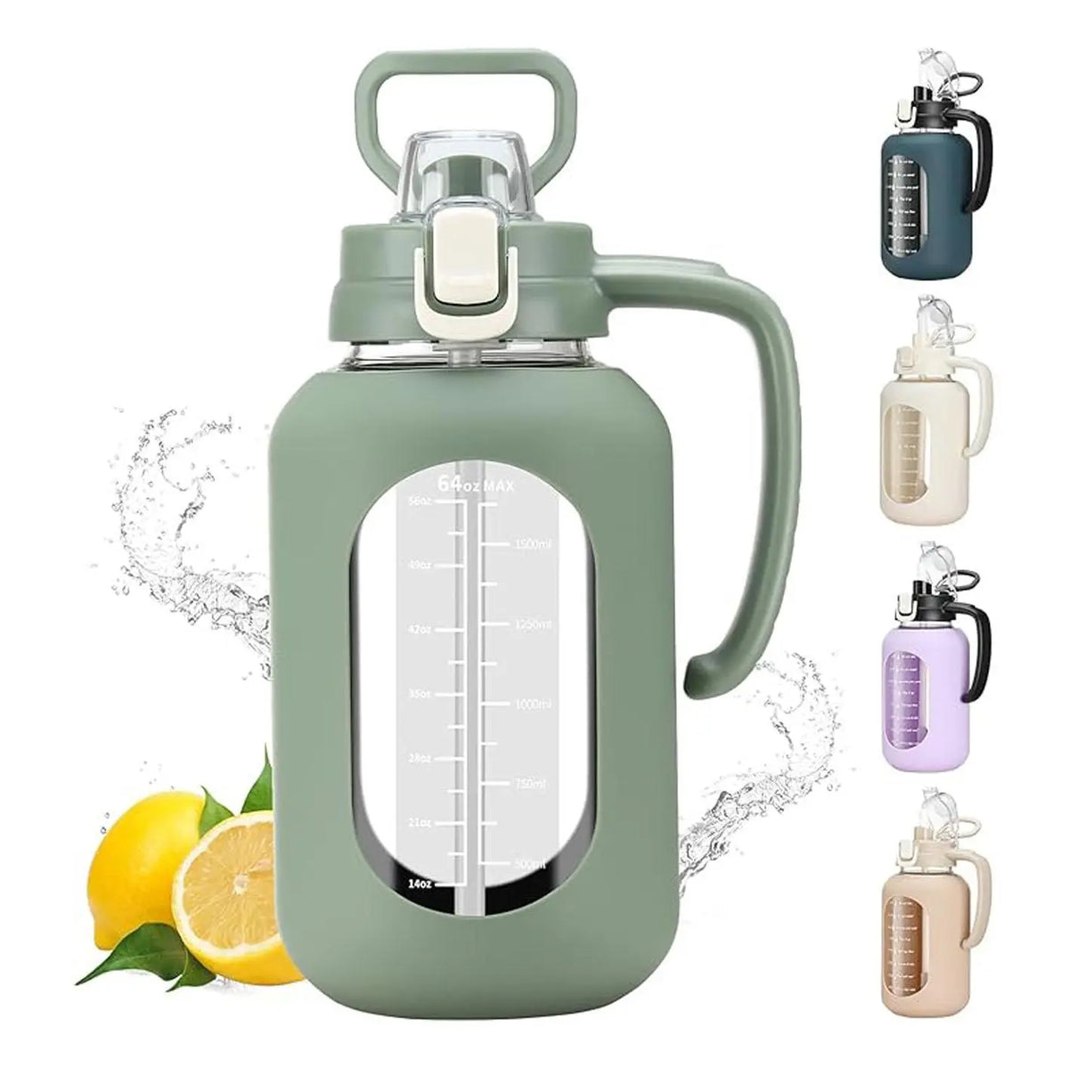 WINSA 64oz Leakproof Glass Water Bottle with Lid, Handle Grip, Time Markers, Silicone Sleeve for Gym Hiking, Coffee, Juice