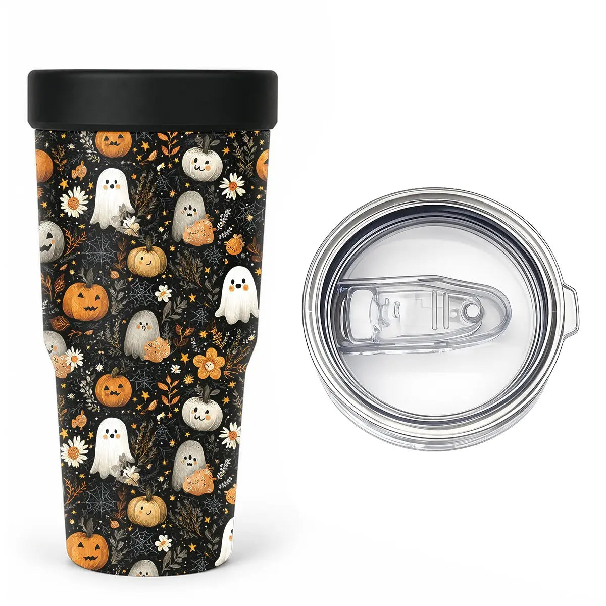 1 PC Halloween Ghost & Black Cat Print 2-in-1 Insulated Can Cooler, Includes Tumbler Lid, Converts to Travel Tumbler, Double Wall Vacuum Stainless Steel Flask, Fits Most 16-24oz To-Go Coffee & Bubble Tea Cups, Perfect for Halloween, Christmas & Daily Use