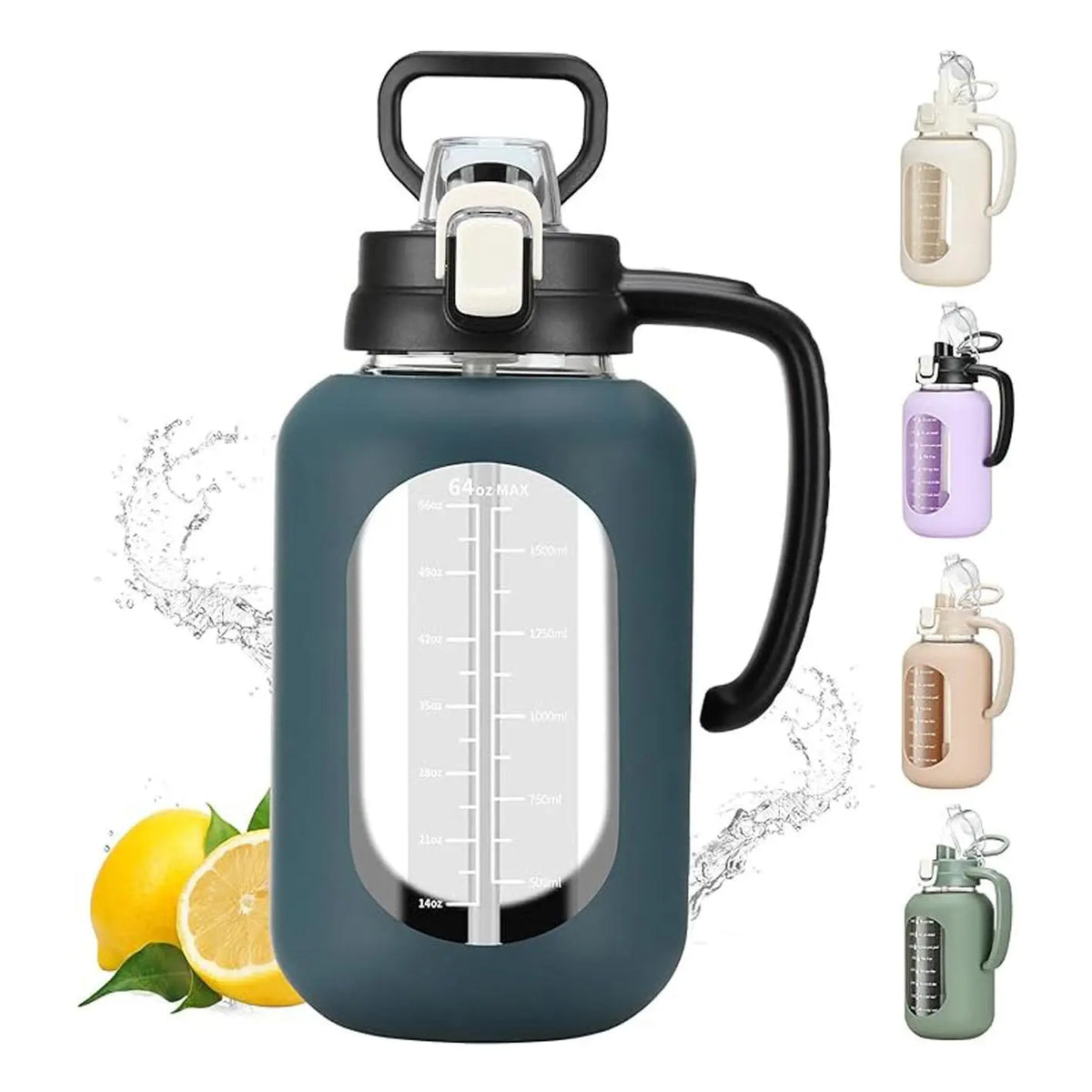WINSA 64oz Leakproof Glass Water Bottle with Lid, Handle Grip, Time Markers, Silicone Sleeve for Gym Hiking, Coffee, Juice