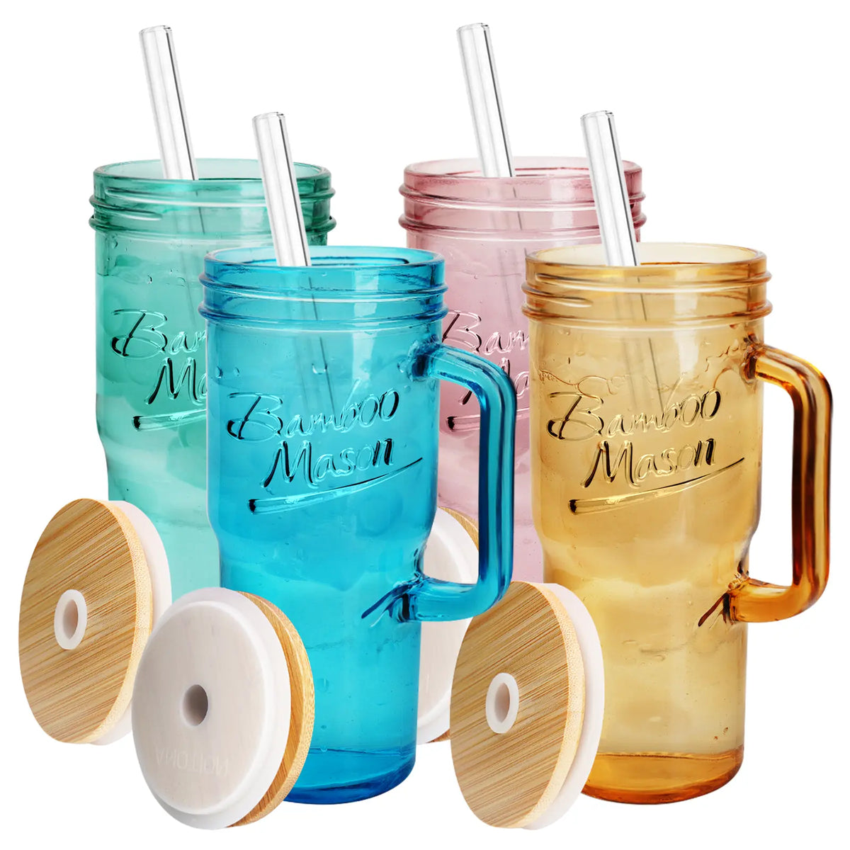 ANOTION 24oz Glass Cups with Lids and Straws with Handle  -Tumbler Coffee Cups Mason Jar Cups Drinking Set Coffee Bar Accessories