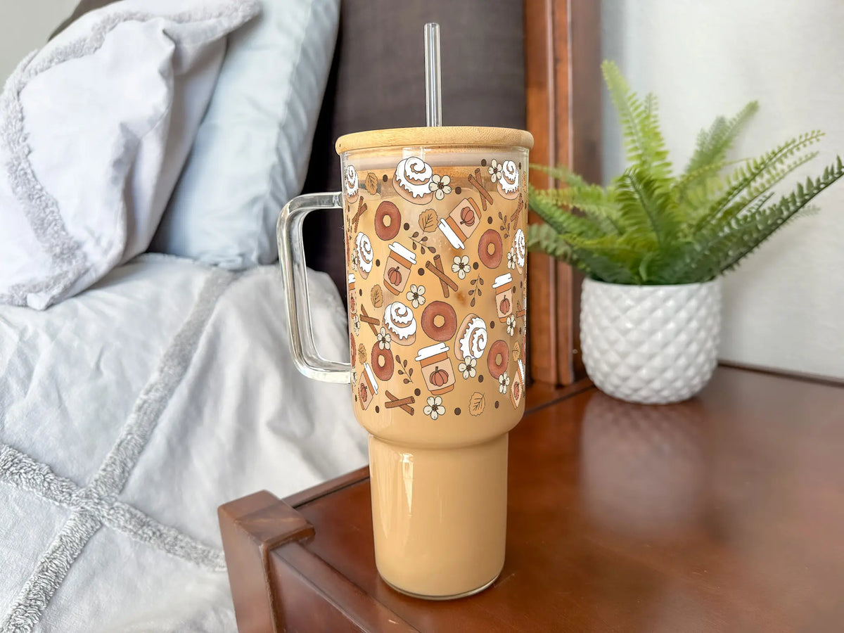 SIP-SIP HOORAY! 40oz Reusable Glass Water Bottle - Fall Collection Pumpkin Design with Washable Handle, Bamboo Lid, Silicone Straw for Hand Wash Coffee Cup Use