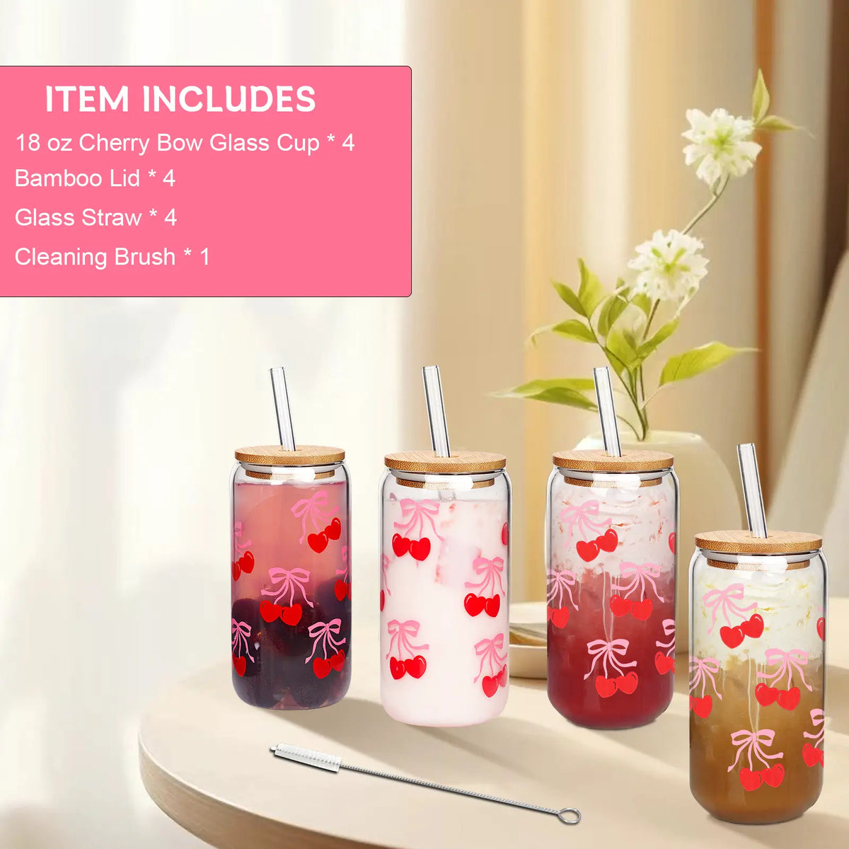 Summervibes 20oz Cherry Print Glass Tumblers with Bamboo Lids & Straws, Cute Drinking Glasses for Women, Reusable, pink bow