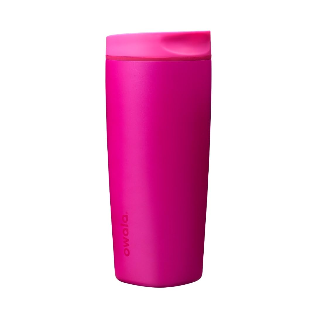 Owala SmoothSip Slider Insulated Stainless Steel Coffee Tumbler, Reusable Iced Coffee Cup, Hot Coffee Travel Mug, BPA Free 12 oz, Pink (Pucker Up)