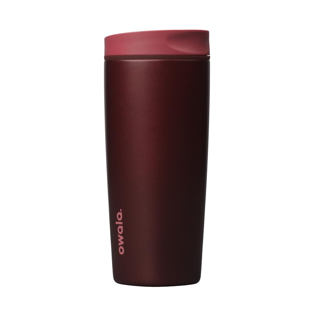Owala SmoothSip Slider Insulated Stainless Steel Coffee Tumbler, Reusable Iced Coffee Cup, Hot Coffee Travel Mug, BPA Free 12 oz, Pink (Pucker Up)