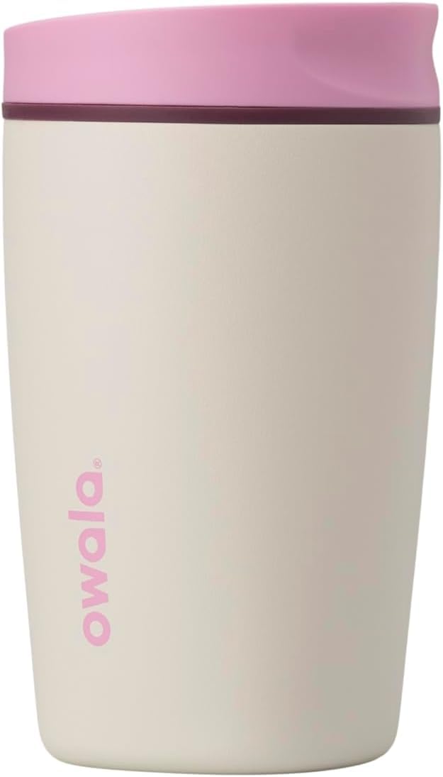Owala SmoothSip Slider Insulated Stainless Steel Coffee Tumbler, Reusable Iced Coffee Cup, Hot Coffee Travel Mug, BPA Free 12 oz, Pink (Pucker Up)