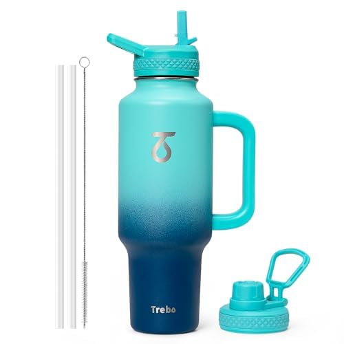 Trebo 40 oz Water Bottle Insulated Fit in Any Car Cup Holder with 2 Lids
