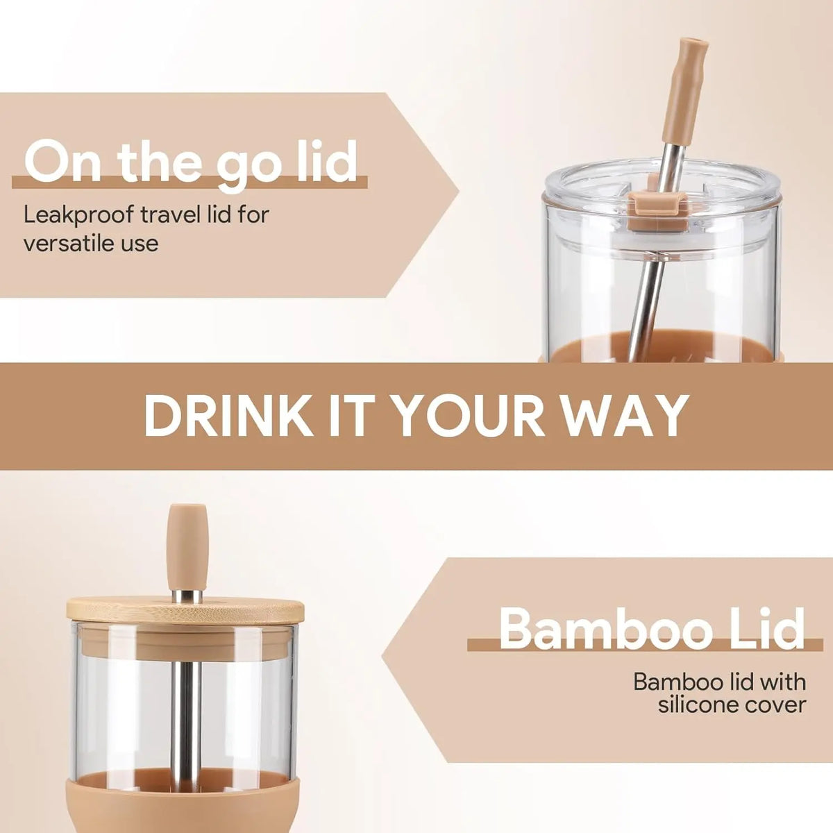 Olivego Eco-friendly 20oz BPA-free Lead-free Reusable Glass Water Bottle Tumbler - Bamboo 2-in-1 Straw Lid, Anti-slip Silicone Sleeve, Portable, Washable, Durable Kitchenware Drinkware, Car-cup Holder Fit, Outdoor Iced Coffee Use