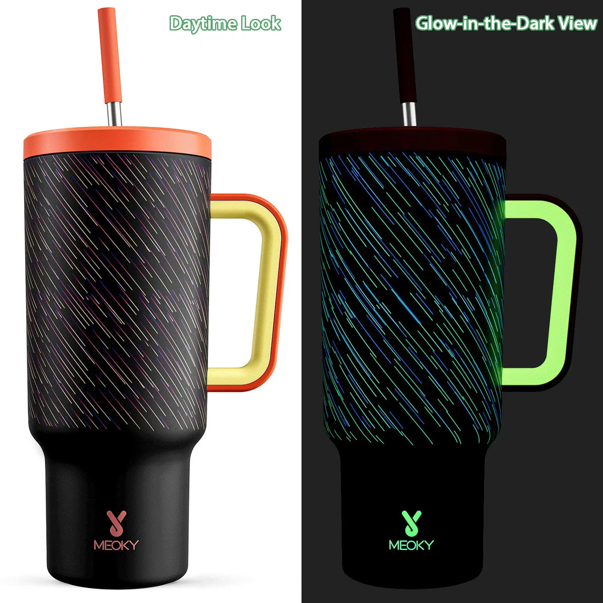 MEOKY 40oz Glow-in-the-Dark Star Print Blush Pink Leakproof Tumbler with Handle - Double Wall Insulated Stainless Steel Vacuum Flask, Non-Slip Base, Car-Friendly BPA-Free, Built-in Straw, Glow Pink Starry, Fun Design #tiktokshopstockup,sohochic