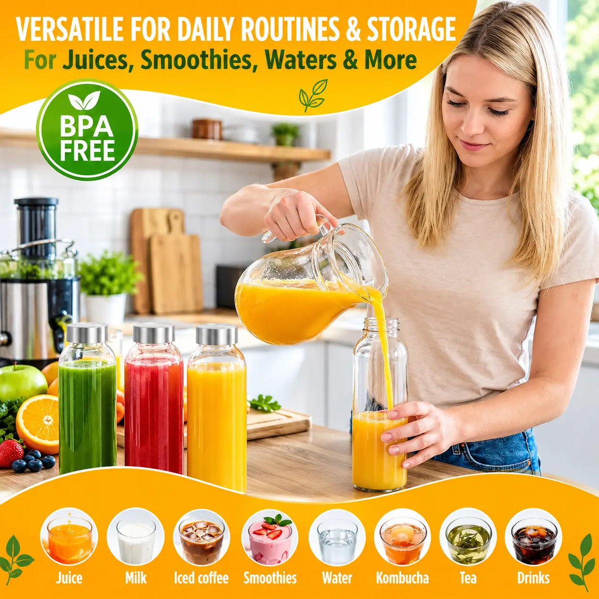 Glass Bottles with Stainless Steel Lids Set of 6 | Leakproof BPA-Free Reusable Juice & Water Bottles for Refrigerator