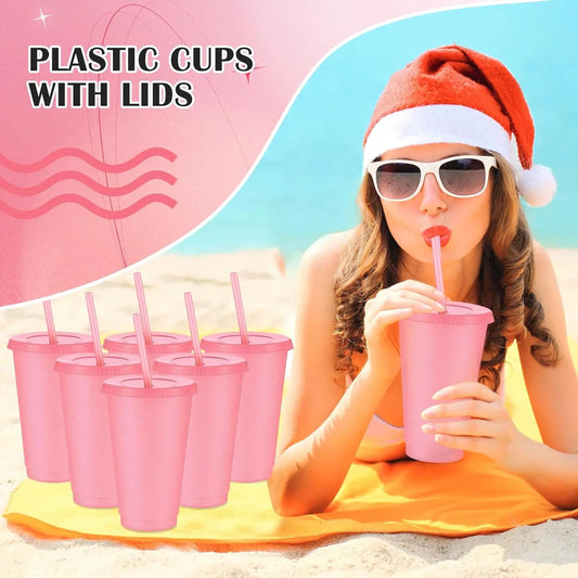 6 count  Tumbler with Lids and Straws Plastic Iced Coffee Tumbler Glitter Travel Mug Cup for Smoothie Juices Birthday Party Cold Drink Coffee Cup Bulk for Adult  Women(16 oz,Pink)