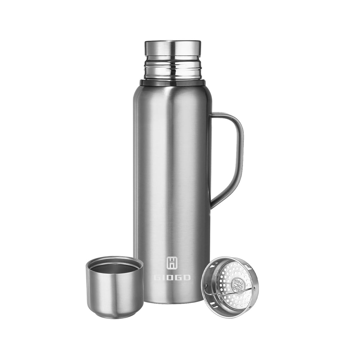 Insulated vacuum Thermo Bottle 500ml/16.9oz with cup Stainless steel coffee bottles for hot and cold drink water flask.(Silver,500ml)