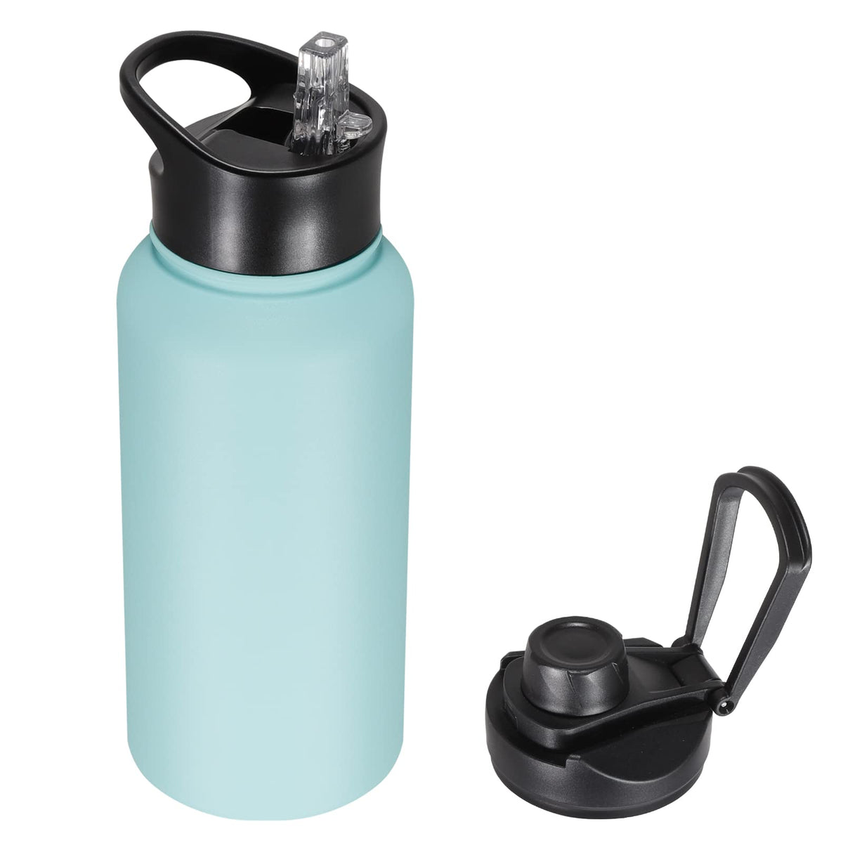 40 oz Insulated Water Bottle with Straw, Stainless Steel Sports Water Bottles with 2 Lids (Straw and Wide Mouth lid), Double Wall Vacuum, Leakproof, BPA-Free, Black