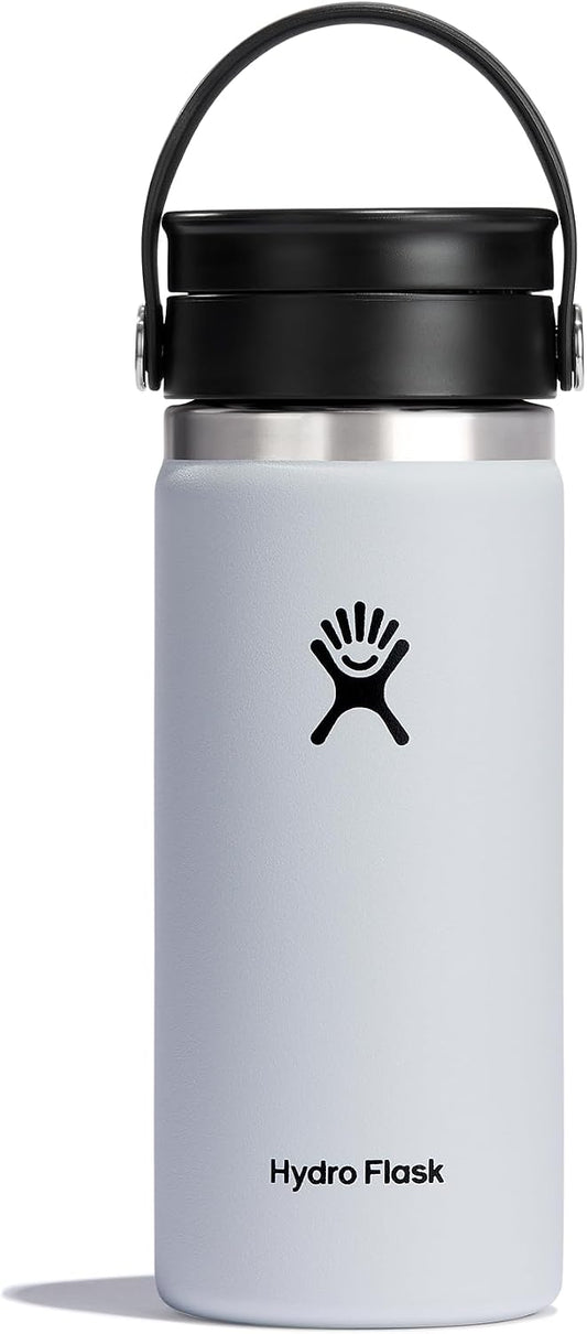 Hydro Flask Water Bottle - Insulated Stainless Steel - Wide Mouth Flex Sip Lid, Non Spill, Leakproof and Refillable in 16 Oz White