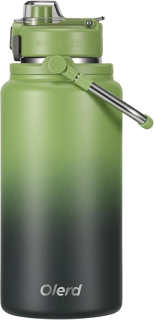 85 oz Insulated Water Bottle, Large Metal Water Jug with Stainless Steel Handle, Double Layer Vacuum Sports Water Flask with Straw & Spout Lids, for Gym, Camping, Outdoor (Green)