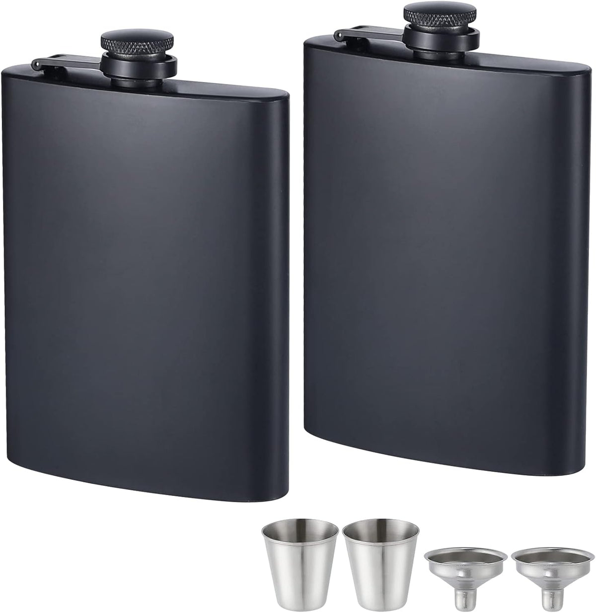 ROMORC 2 Pack Hip Flasks for Liquor Matte Black 8 Oz Stainless Steel Leak-proof Thin Flasks with 2pcs Funnels and Cups for Wedding Party, Groomsman, Bridesmaid, Gift (Black)