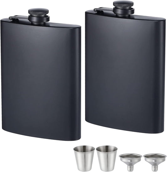 ROMORC 2 Pack Hip Flasks for Liquor Matte Black 8 Oz Stainless Steel Leak-proof Thin Flasks with 2pcs Funnels and Cups for Wedding Party, Groomsman, Bridesmaid, Gift (Black)
