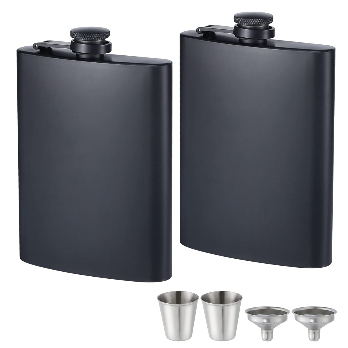 ROMORC 2 Pack Hip Flasks for Liquor Matte Black 8 Oz Stainless Steel Leak-proof Thin Flasks with 2pcs Funnels and Cups for Wedding Party, Groomsman, Bridesmaid, Gift (Black)
