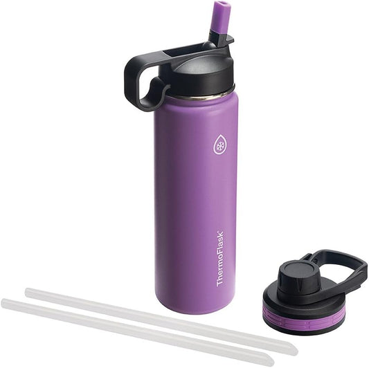 ThermoFlask 24 oz Double Wall Vacuum Insulated Stainless Steel Water Bottle - Reusable with Leakproof Chug & Straw Lids - Keeps Drinks Cold 24 hr/Hot 12 hr - Easy Maintenance - Gym/On-the-Go, Plum