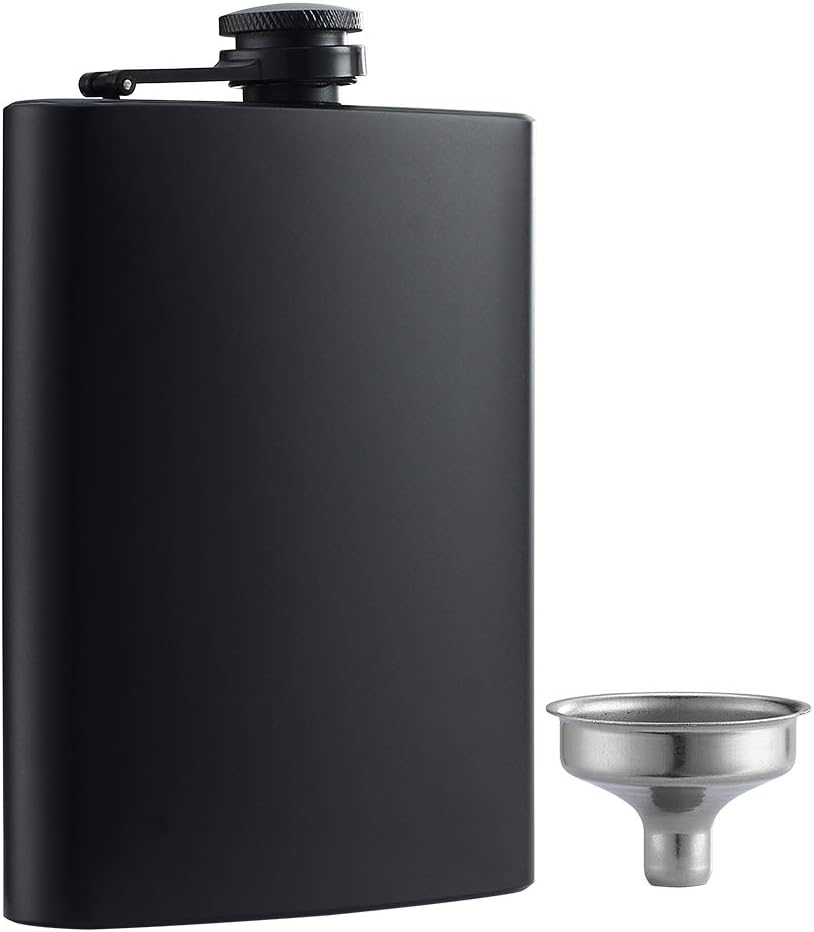 Hip Flask for Liquor Matte Black 8 Oz Stainless Steel Leakproof with Funnel, Great Gift Idea Flask
