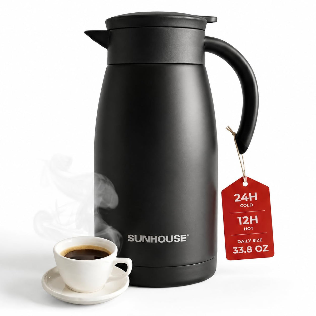 SUNHOUSE 34 Oz Thermal Coffee Carafe Insulated Stainless Steel Thermos
