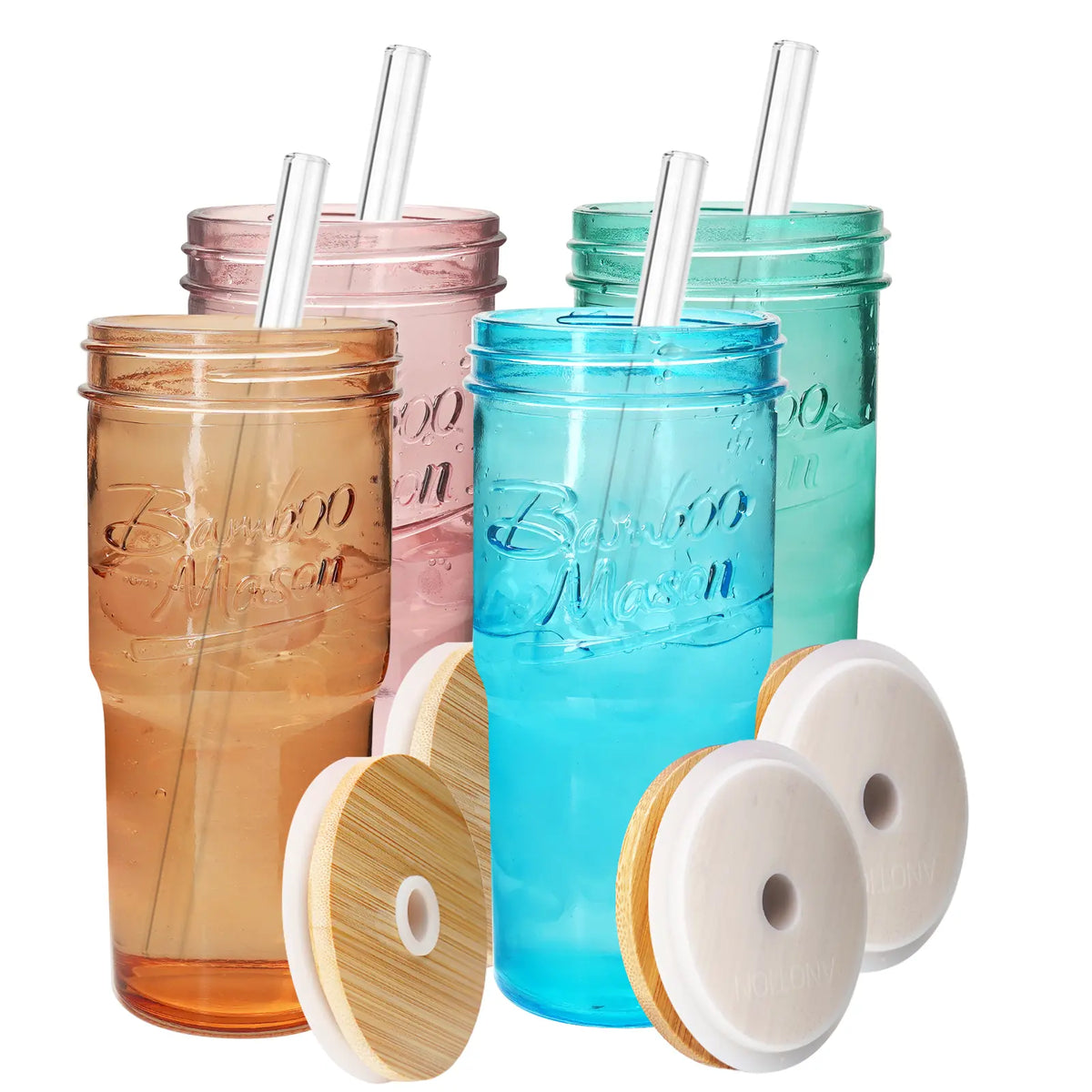 ANOTION  24oz Colored Glass Cups with Lids and Straws with Handle  -Tumbler Coffee Cups Mason Jar Coffee Bar Accessories Springtok  Bamboo Drinkware Bottles