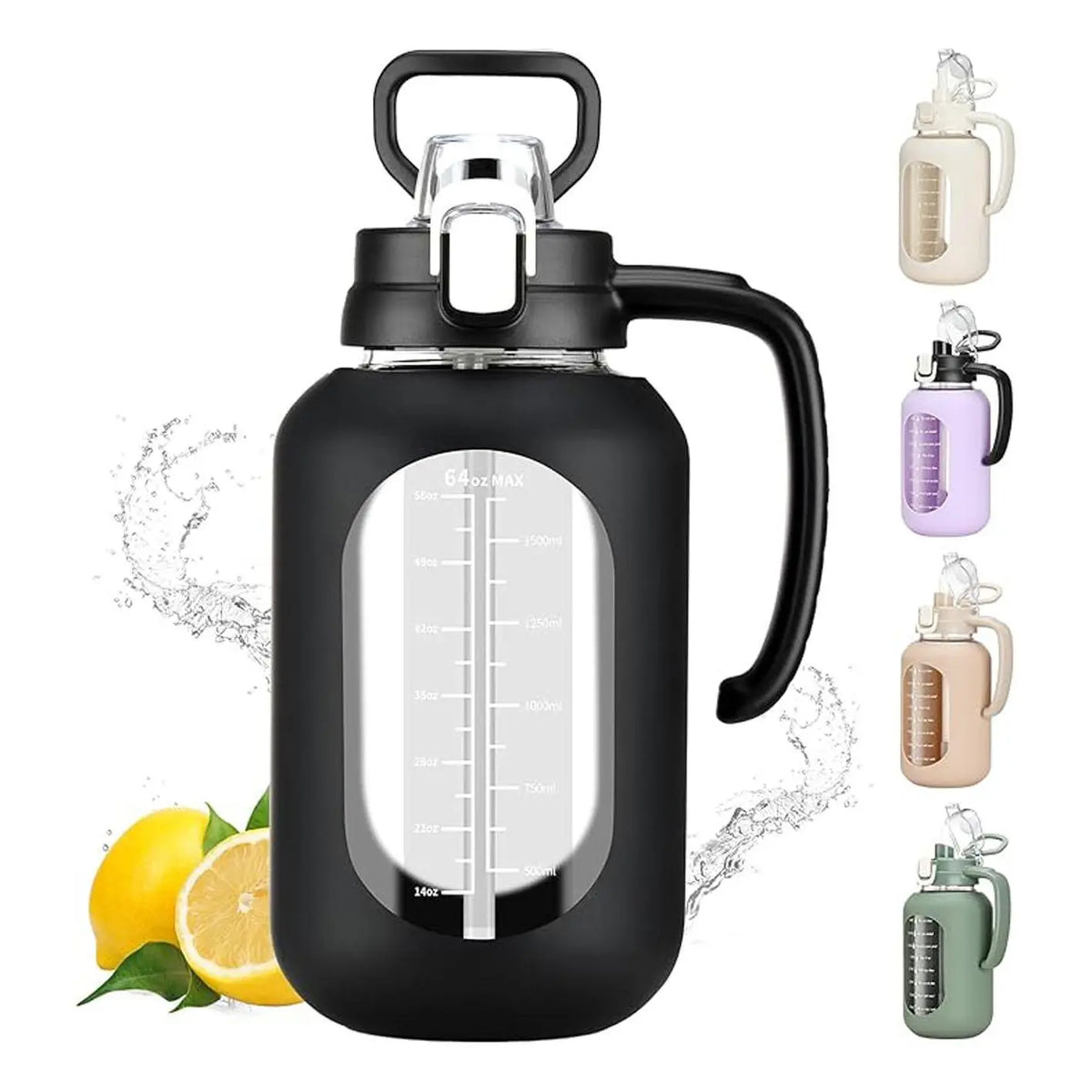 WINSA 64oz Leakproof Glass Water Bottle with Lid, Handle Grip, Time Markers, Silicone Sleeve for Gym Hiking, Coffee, Juice