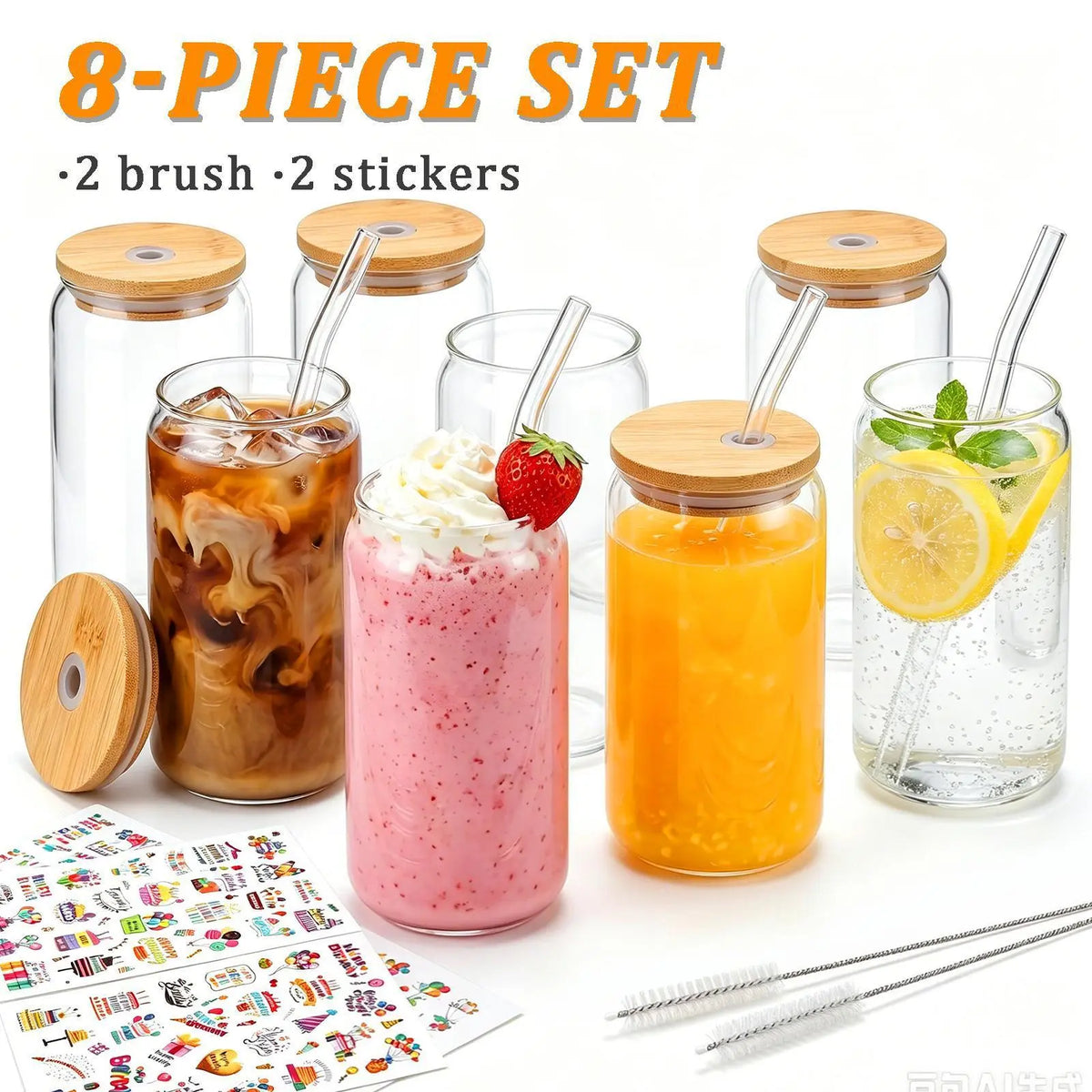 4pcs 24oz Non-Striped Glass Cups with Bamboo Lids, Straws, Glass Body & Handle Grip - Portable Classic Cold Beverage Tumbler, Reusable On-The-Go Kitchen Drinkware, Perfect for Gifts