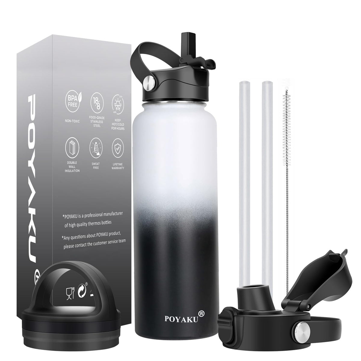 Water Bottle Insulated 32oz 40oz 64oz 128oz Straw Lid Spout Lid & 3 Lids, Leak Proof, Vacuum Insulated,Stainless Steel Water Bottle Wide Mouth for Sports, Gym or Office