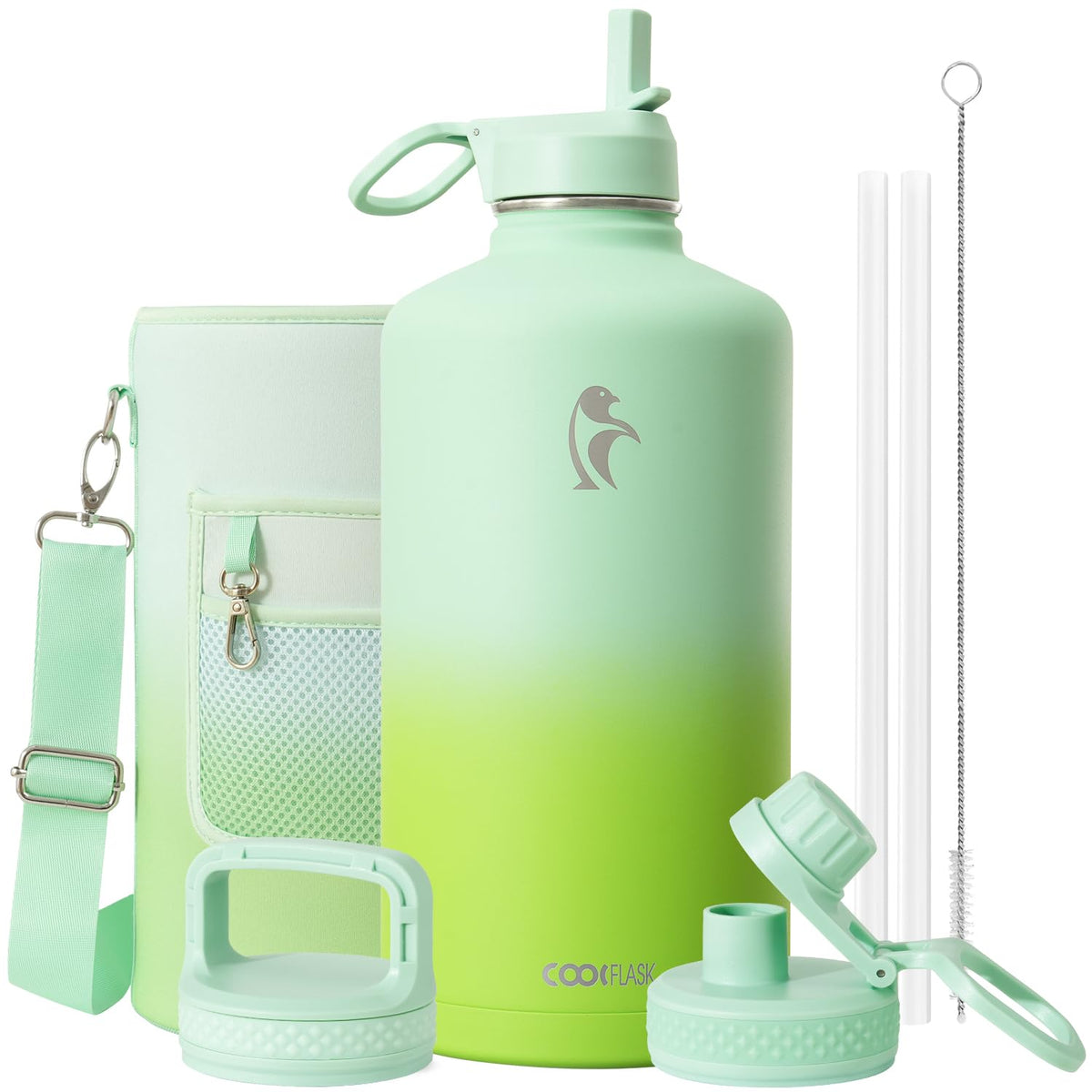 Coolflask 40 oz Water Bottle Insulated with Straw & 3 Leakproof Lids