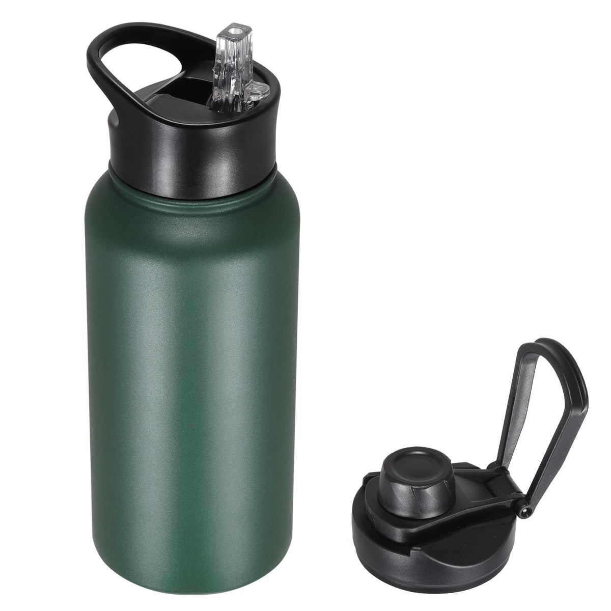 40 oz Insulated Water Bottle with Straw, Stainless Steel Sports Water Bottles with 2 Lids (Straw and Wide Mouth lid), Double Wall Vacuum, Leakproof, BPA-Free, Black