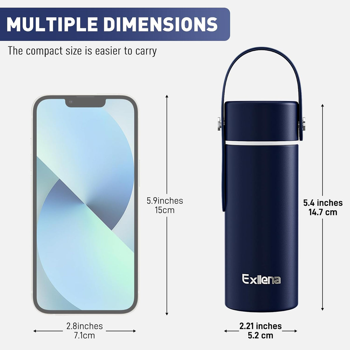 Exllena 【Upgraded】 Mini Insulated Water Bottle 6.8oz/200ml with Adjustable Silicone Handle– Small Flask for Hot & Cold Drinks, Leakproof, Ideal for Purse, Lunchbox...(Midnight Sapphire)