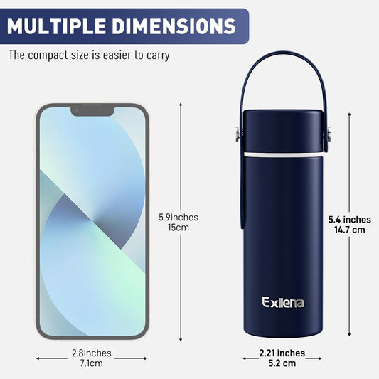 Exllena 【Upgraded】 Mini Insulated Water Bottle 6.8oz/200ml with Adjustable Silicone Handle– Small Flask for Hot & Cold Drinks, Leakproof, Ideal for Purse, Lunchbox...(Midnight Sapphire)