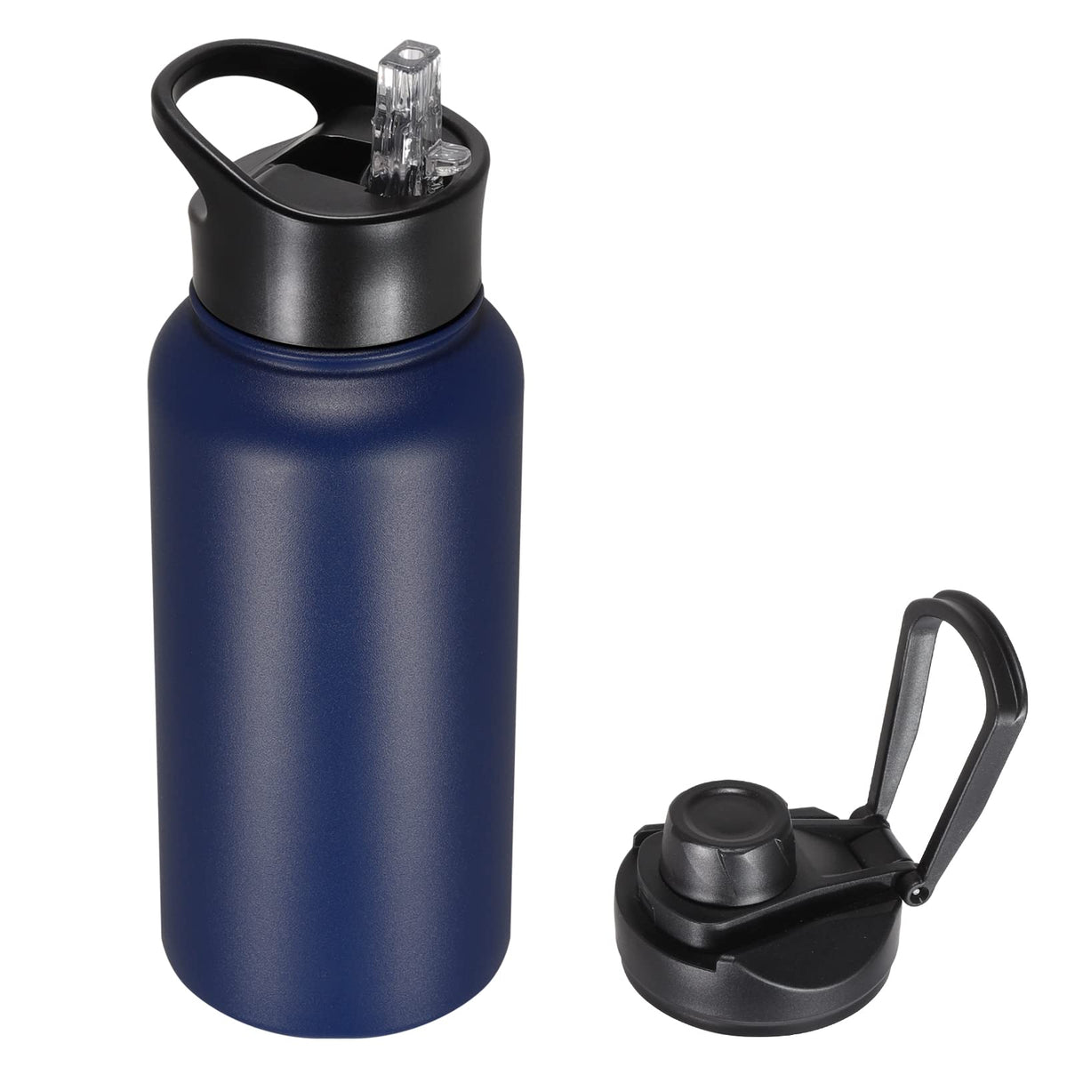 40 oz Insulated Water Bottle with Straw, Stainless Steel Sports Water Bottles with 2 Lids (Straw and Wide Mouth lid), Double Wall Vacuum, Leakproof, BPA-Free, Black