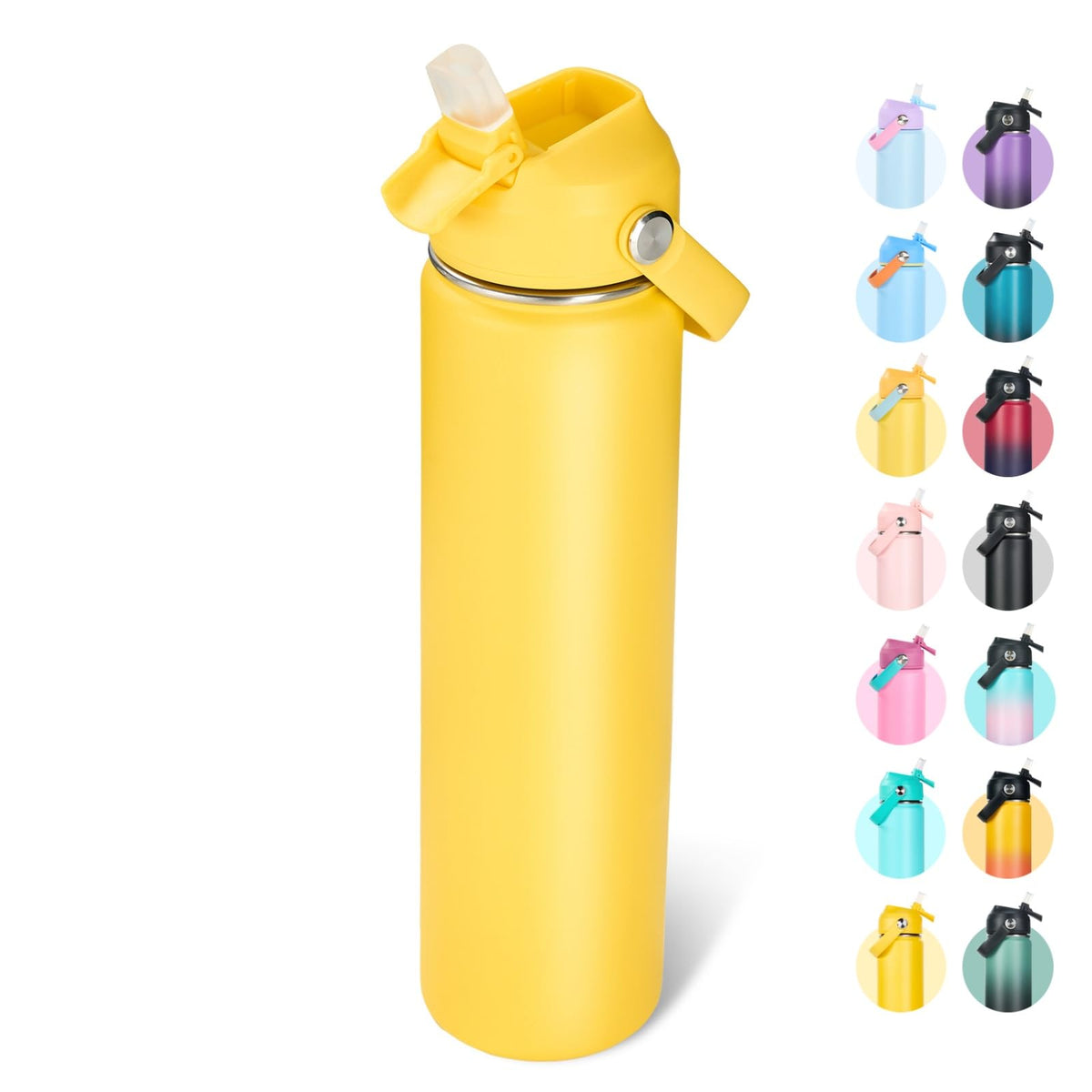 Fijinhom 24oz Insulated Stainless Steel Water Bottle, Wide Mouth Double Wall Vacuum, Silicone Straw, Sweat & Leak Proof, BPA Free Insulated Water Flask for Travel, Keep Cold 24h Hot 12h, Black