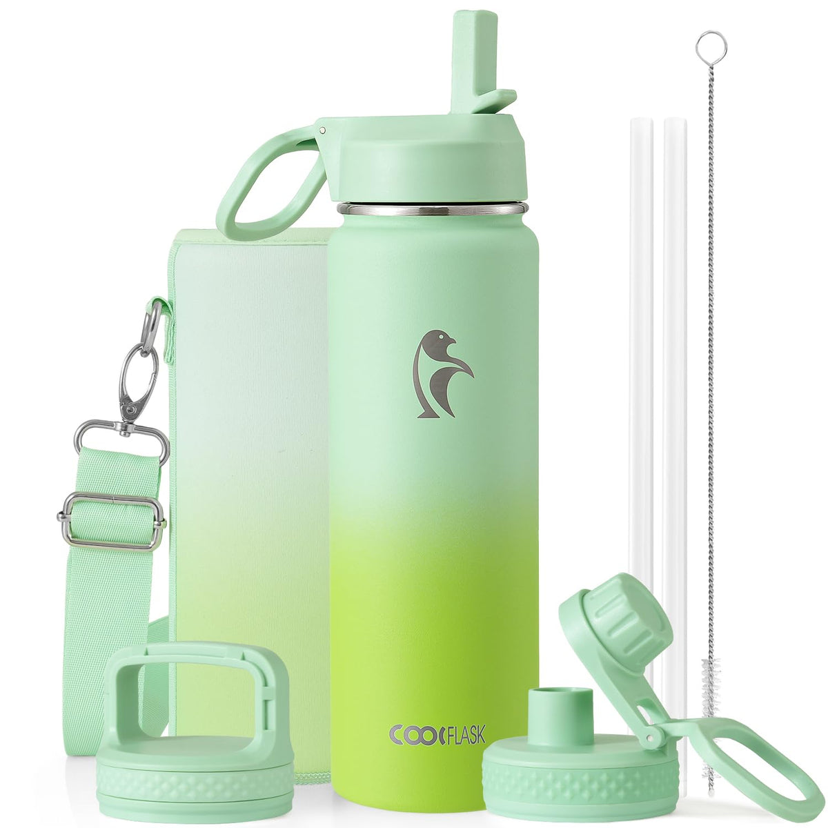 Coolflask Half Gallon Water Bottle Insulated with Straw & 3 Leakproof Lids