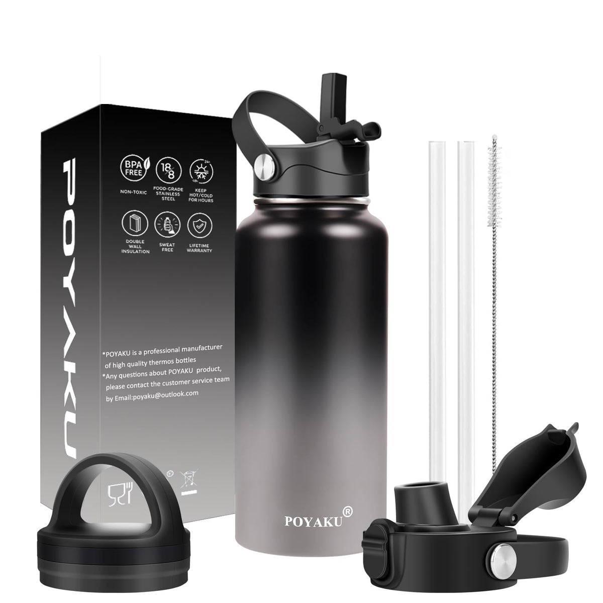 Water Bottle Insulated 32oz 40oz 64oz 128oz Straw Lid Spout Lid & 3 Lids, Leak Proof, Vacuum Insulated,Stainless Steel Water Bottle Wide Mouth for Sports, Gym or Office