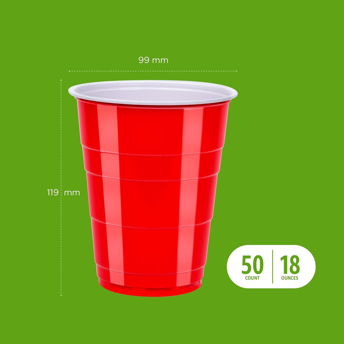 Amazon Basics Disposable Plastic Party Cups, Red, 18oz, 50 Count, Packaging May Vary