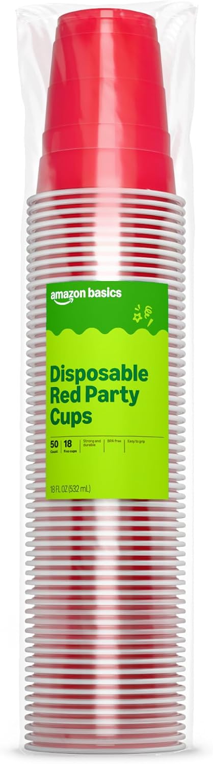 Amazon Basics Disposable Plastic Party Cups, Red, 18oz, 50 Count, Packaging May Vary