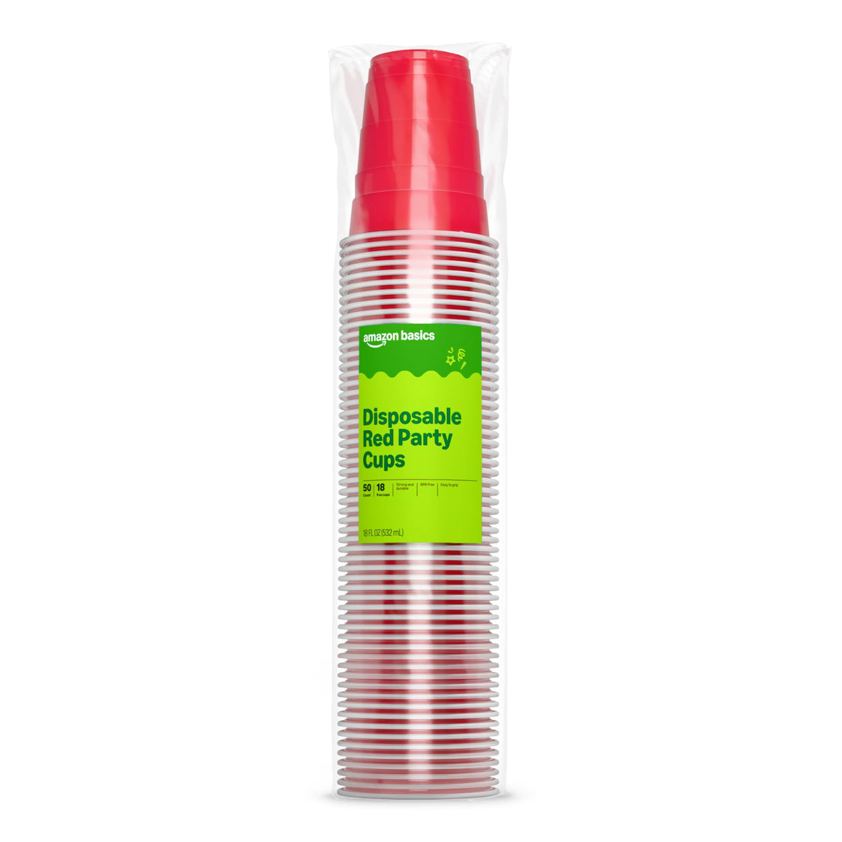 Amazon Basics Disposable Plastic Party Cups, Red, 18oz, 50 Count, Packaging May Vary