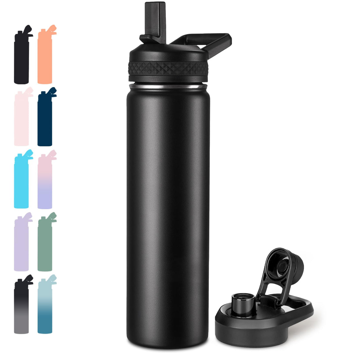Fijinhom Insulated Water Bottle with Handle, 304 Stainless Steel Water Bottles with Wide Mouth, Double Wall Vacuum Sports Water Bottle, BPA Free, Keep Cold and Hot, 24 Ounces, Black