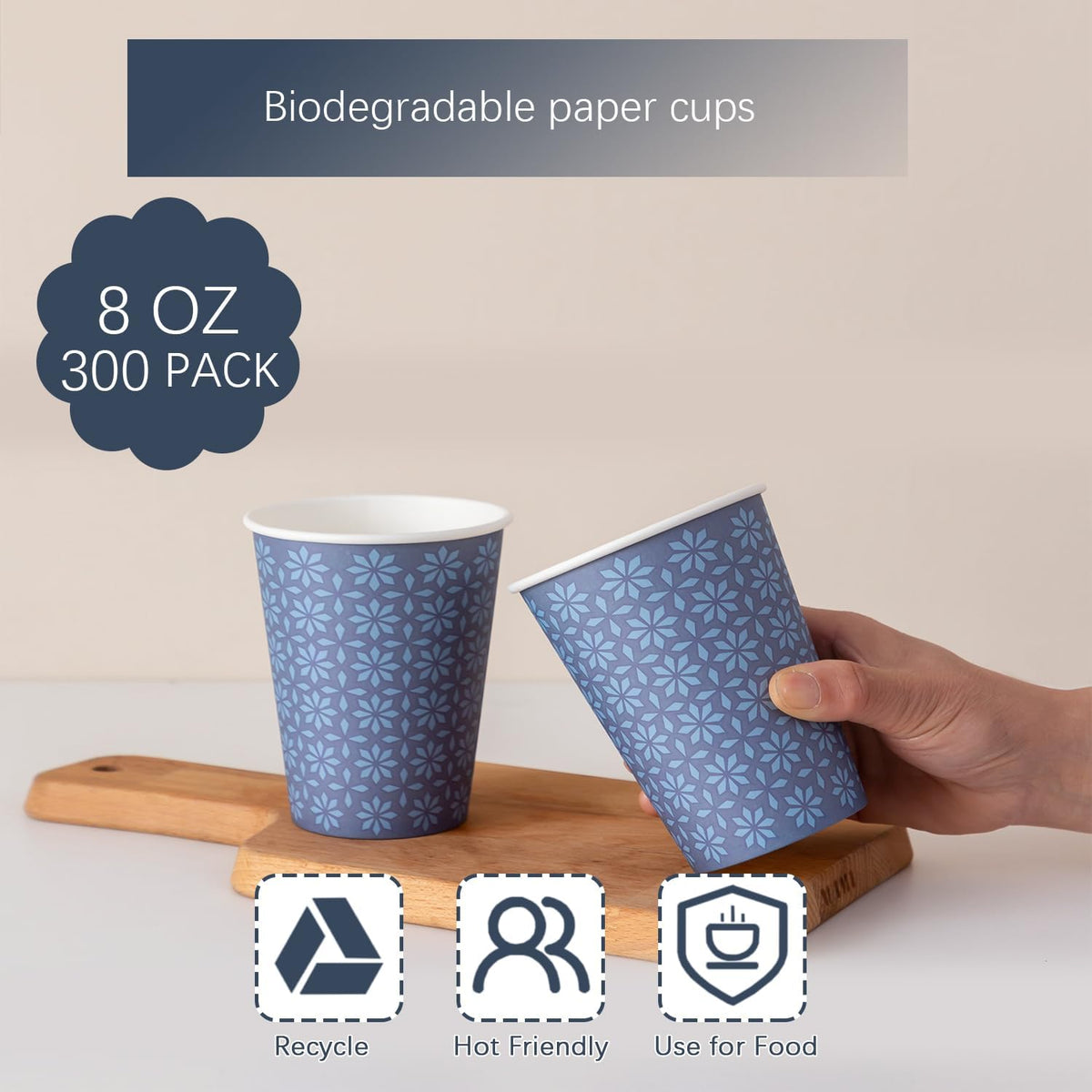Clawsoff 300 Pack Paper Cups 8 oz Bulk Disposable Coffee Cups Navy Floral